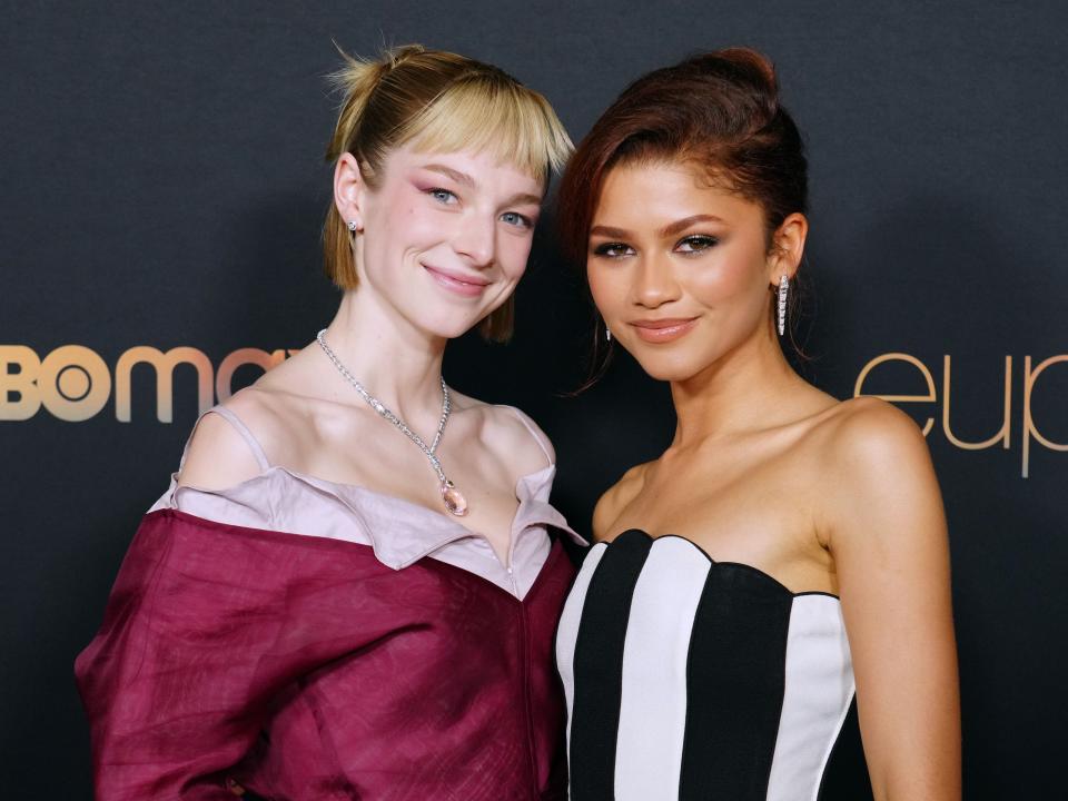 Hunter Schafer and Zendaya at the season two premiere of "Euphoria" in January 2021.