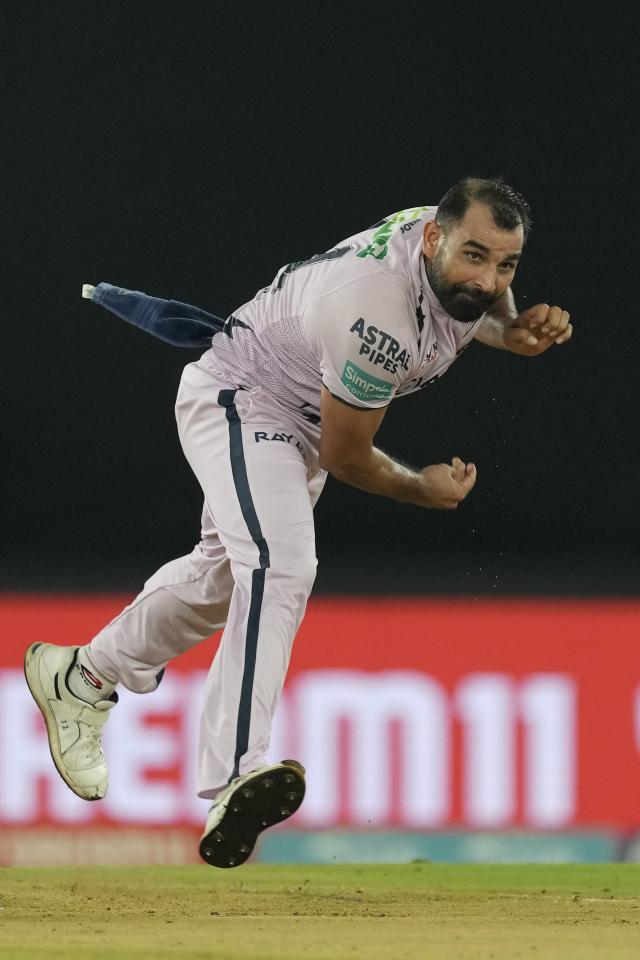 Gujarat Titans' Mohammed Shami delivers a ball during the Indian Premier League cricket match between Gujarat Titans and Sunrisers Hyderabad in Ahmedabad, India, Monday, May 15, 2023. (AP Photo/Ajit Solanki)