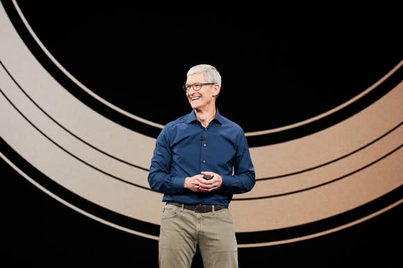 Apple CEO Tim Cook on stage at the company's annual product event.