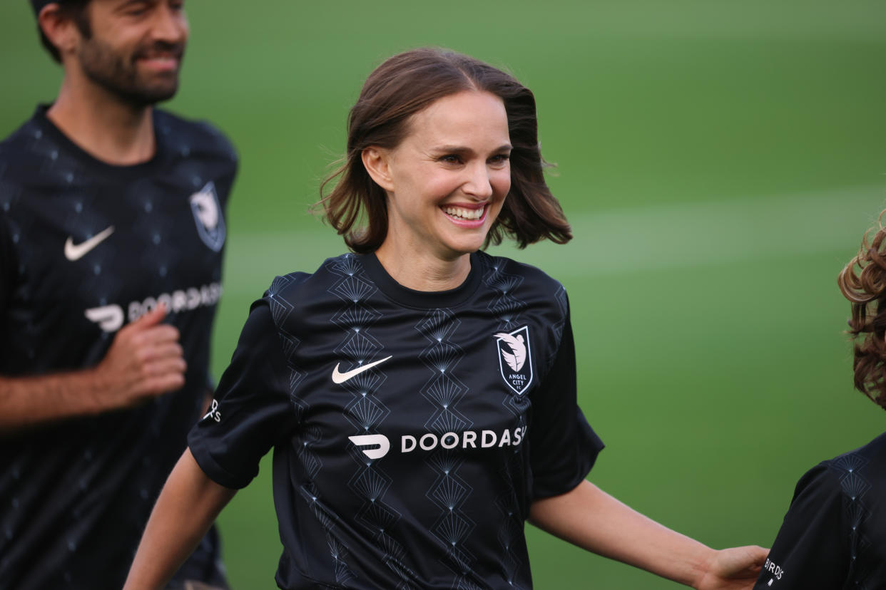 FULLERTON, CA - MARCH 19: Angel City FC Founder Natalie Portman runs off the field before a game between San Diego Wave FC and Angel City FC at Titan Stadium on March 19, 2022 in Fullerton, California. (Photo by Jenny Chuang/ISI Photos/Getty Images)