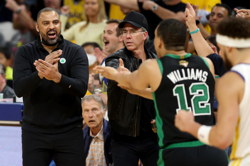 Head coach Ime Udoka of the Boston Celtics reacts to a foul during the third quarter against the Golden State Warriors in Game Five of the 2022 NBA Finals at Chase Center on June 13, 2022, in San Francisco.