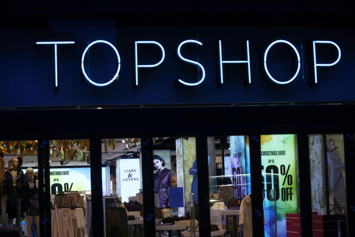 General view of a Topshop store logo, owed by Arcadia group on Oxford street in London, Britain, November 30, 2020. REUTERS/Simon Dawson