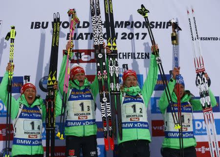 Biathlon - IBU World Championships - Women's 4 x 6km relay - Hochfilzen, Austria - 17/2/17 - Vanessa Hinz, Maren Hammerschmidt, Franziska Hildebrand and Laura Dahlmeier of Germany react. REUTERS/Leonhard Foeger