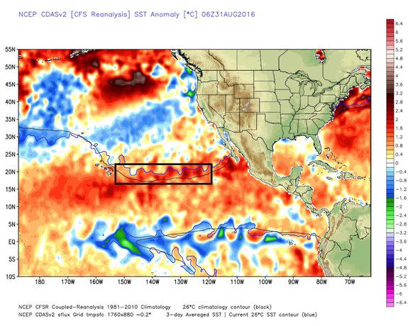 Sea surface temperature departures from average, with the box showing the area where Hurricanes Lester and Madeline traversed.