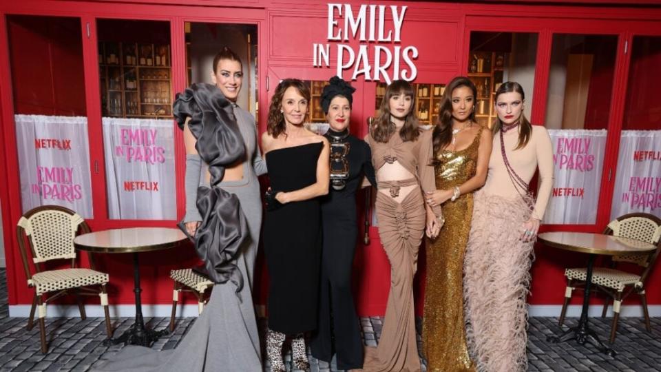 (Left to Right) Kate Walsh, Philippine Leroy Beaulieu, Marylin Fitoussi, Lily Collins, Ashley Park and Camille Razat attend the “Emily In Paris” by Netflix – Season 3 World Premiere.