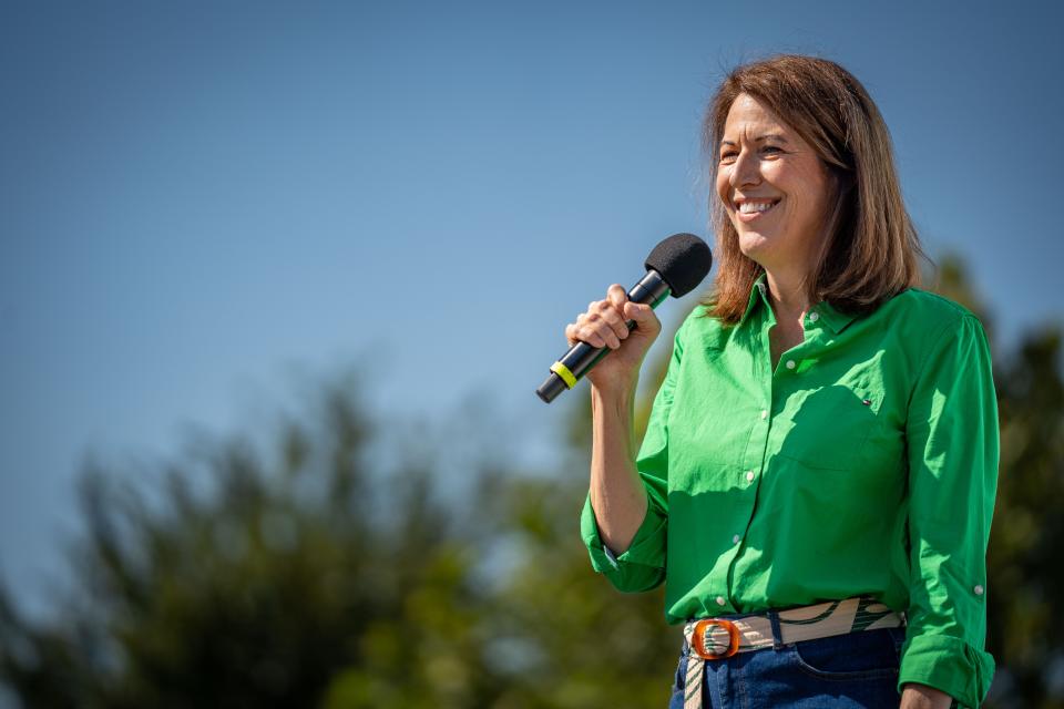 Democratic U.S. Rep. Cindy Axne speaks at the Des Moines Register Political Soapbox during the Iowa State Fair, Wednesday, Aug. 17, 2022.