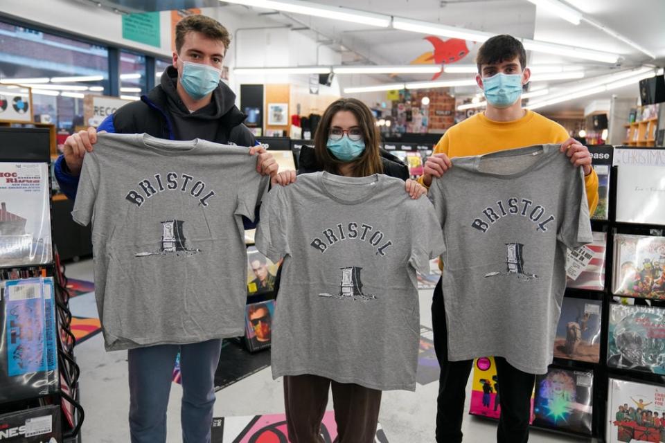 Customers in Rough Trade in Bristol with their Banksy T-shirts (Jacob King/PA) (PA Wire)