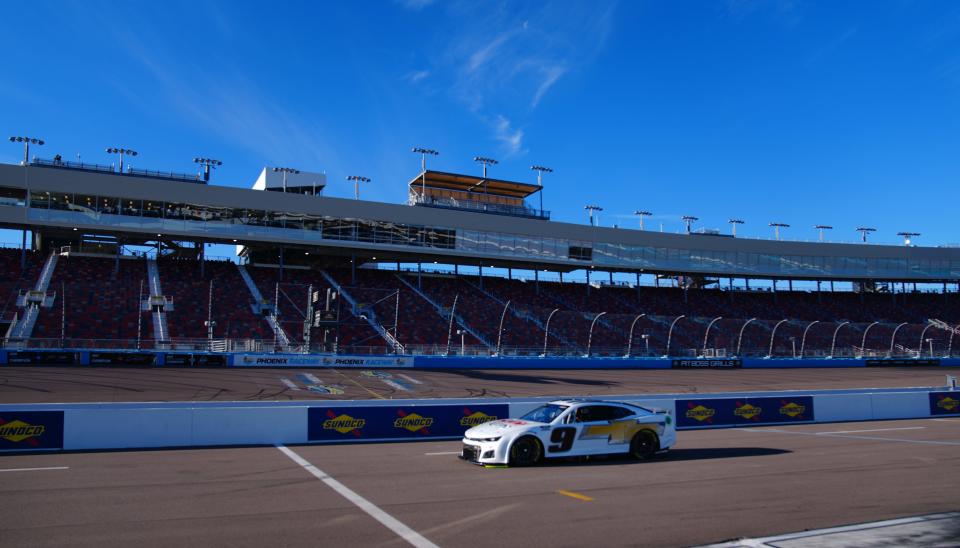 Jan 25, 2022; Phoenix, Arizona, USA; Chase Elliot comes onto the track during a Next Gen car test at Phoenix Raceway. Mandatory Credit: Patrick Breen-The Republic