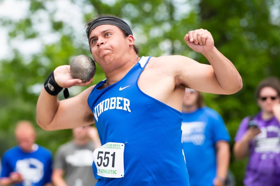 Windber Area's Gino Flori competes to a fifth-place medal (51-7.25) in the 2A boys' shot put at the PIAA Track and Field Championships at Shippensburg University on Saturday, May 28, 2022. 