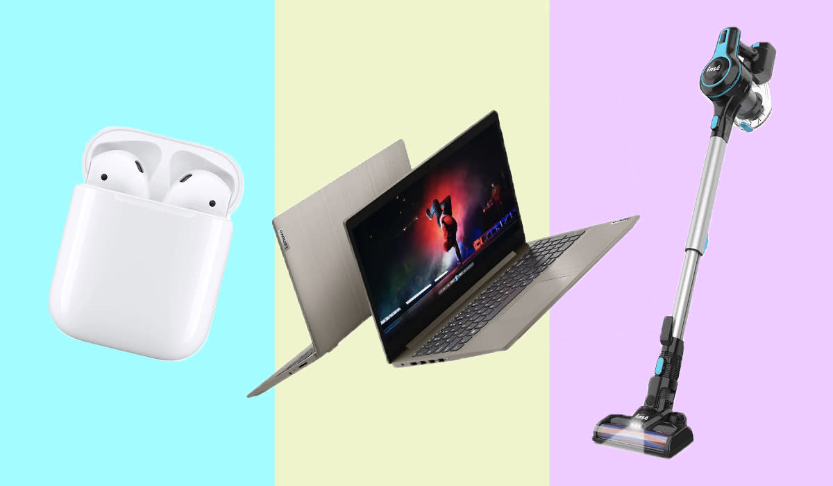 AirPods, Lenovo laptop, vacuum.