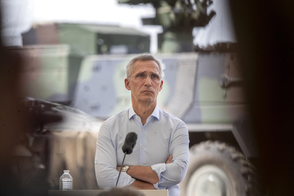 NATO Secretary General Jens Stoltenberg speaks during a press conference at Exercise Griffin Storm 2023 after visiting the Training Range in Pabrade, some 60km.(38 miles) north of the capital Vilnius, Lithuania, Monday, June 26, 2023. (AP Photo/Mindaugas Kulbis)