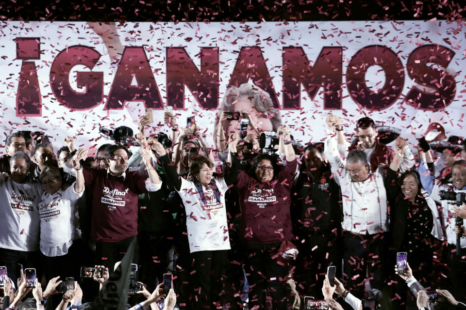 Delfina Gomez, Mexico state gubernatorial candidate for the National Regeneration Movement, or MORENA, celebrates her electoral victory during local state elections in Toluca, Mexico state, Mexico, Sunday, June 4, 2023. (AP Photo/Eduardo Verdugo)