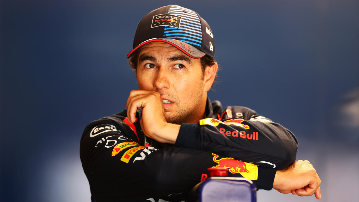 MONTREAL, QUEBEC - JUNE 08: 16th placed qualifier Sergio Perez of Mexico and Oracle Red Bull Racing looks on during qualifying ahead of the F1 Grand Prix of Canada at Circuit Gilles Villeneuve on June 08, 2024 in Montreal, Quebec. (Photo by Bryn Lennon - Formula 1/Formula 1 via Getty Images)