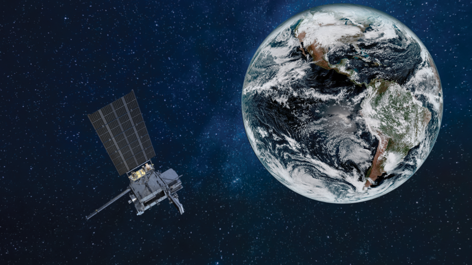 A rendering of a GOES-U satellite orbiting Earth.