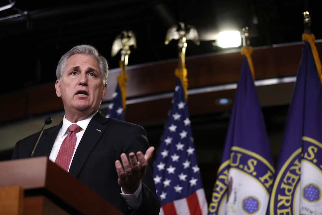 WASHINGTON, DC - JANUARY 21: House Minority Leader Kevin McCarthy (R-CA) speaks during his weekly press conference on January 21, 2021 in Washington, DC. Minority Leader McCarthy held his first press conference as the Biden administration takes office.  (Photo by Justin Sullivan/Getty Images)