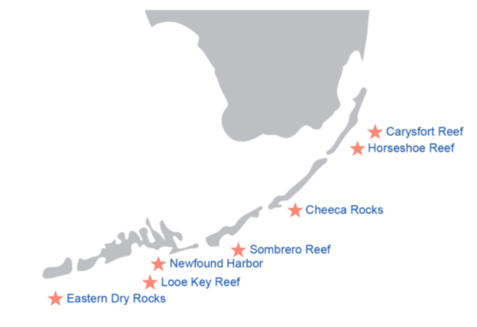 The location of coral reefs along the Florida Keys (NOAA)