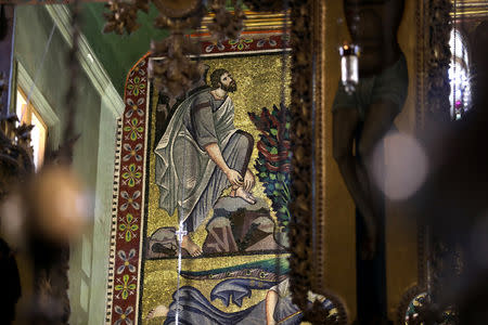 A detail of the ancient Mosaic of the Transfiguration is seen inside St. Catherine's Monastery, South Sinai, Egypt, March 7, 2019. Picture taken March 7, 2019. REUTERS/Mohamed Abd El Ghany