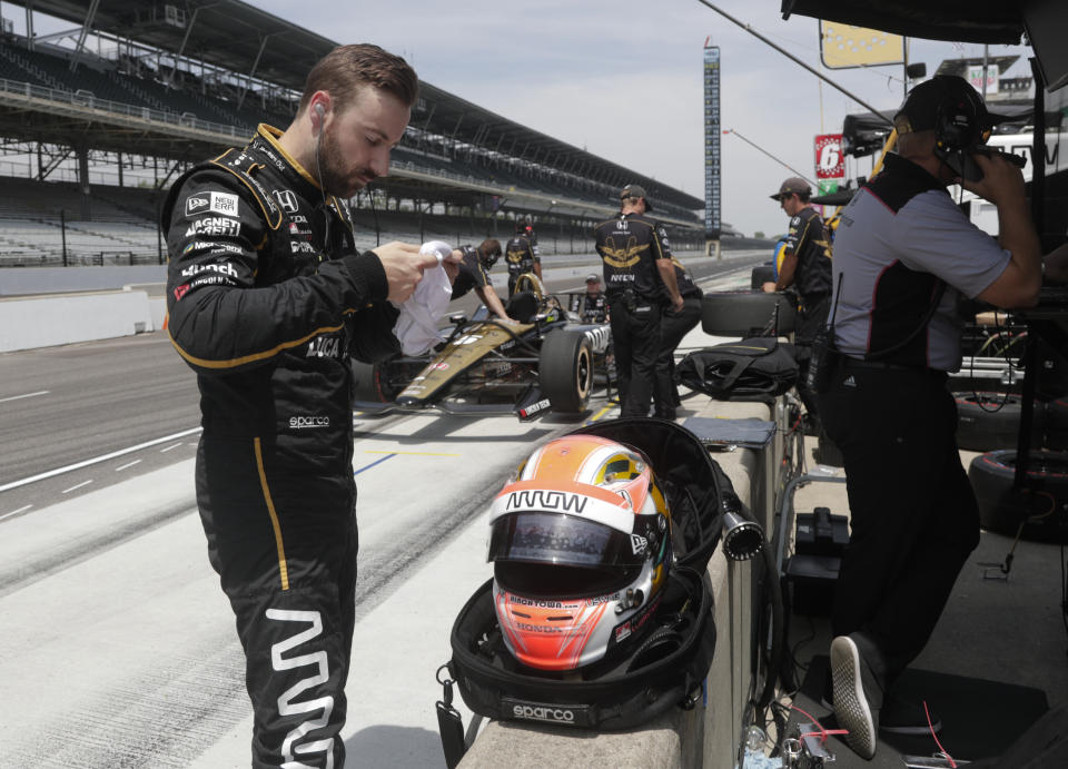 James Hinchcliffe, of Canada, prepares to drive during a practice session for the IndyCar Indianapolis 500 auto race at Indianapolis Motor Speedway in Indianapolis, Thursday, May 17, 2018. (AP Photo/Michael Conroy)
