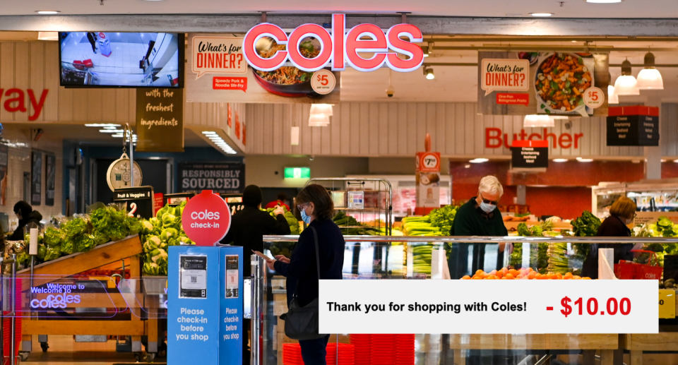 A Coles supermarket with the discount message overlayed.