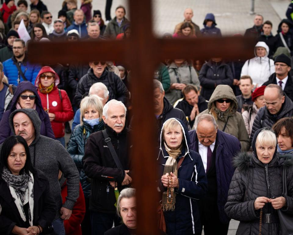 A rosary march in Warsaw in 2019 ended with a prayer apologizing to God for pride parades in Poland. <a href="https://www.gettyimages.com/detail/news-photo/around-a-thousand-people-took-part-in-a-rosary-march-in-news-photo/1173890431?phrase=catholic%20gay%20law&adppopup=true" rel="nofollow noopener" target="_blank" data-ylk="slk:Jaap Arriens/NurPhoto via Getty Images;elm:context_link;itc:0;sec:content-canvas" class="link ">Jaap Arriens/NurPhoto via Getty Images</a>