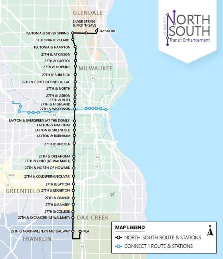 Milwaukee County Transit System's future Connect 2, also known as the North-South Bus Rapid Transit, connects five cities over 18 miles and stops at 32 stations.