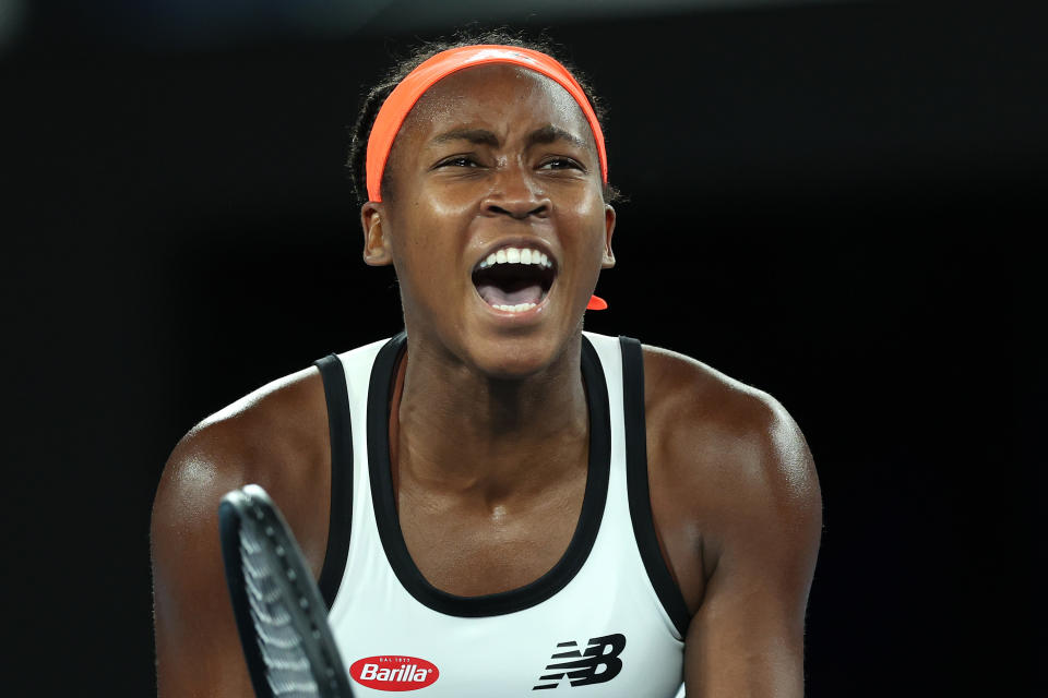 Seen here, Coco Gauff celebrates her second round victory against Emma Raducanu on Wednesday night at the Australian Open.