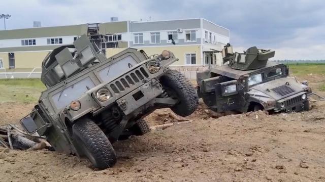 Two damaged US-made Humvee vehicles in Russia&#39;s Belgorod region