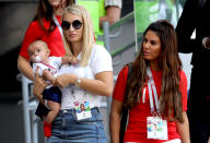 <p>Annabel Peyton, partner of England’s Jack Butland and Rebekah Vardy, wife of Jamie Vardy before the FIFA World Cup, Quarter Final match at the Samara Stadium. (Photo by Aaron Chown/PA Images via Getty Images) </p>