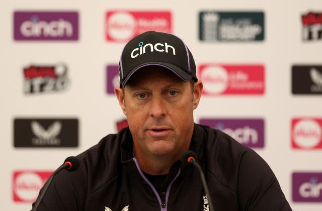 England coach Marcus Trescothick speaks during a press conference 