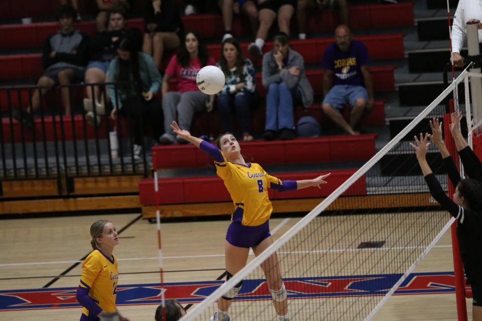 Fort Pierce Central's Sydney Corbett chips a kill against Jupiter in a high school volleyball District 7-7A championship match, Wednesday, Oct. 18, 2023, in Port St. Lucie.