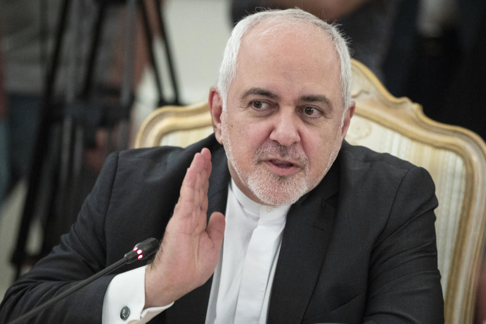 Iranian Foreign Minister Mohammad Javad Zarif speaks during his meeting with Russian Foreign Minister Sergey Lavrov in Moscow, Russia, Monday, Sept. 2, 2019. (AP Photo/Pavel Golovkin)