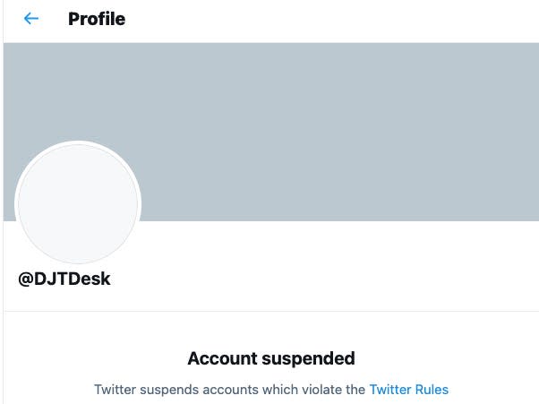 The Twitter account page for @DJTDesk, which was suspended on Thursday.