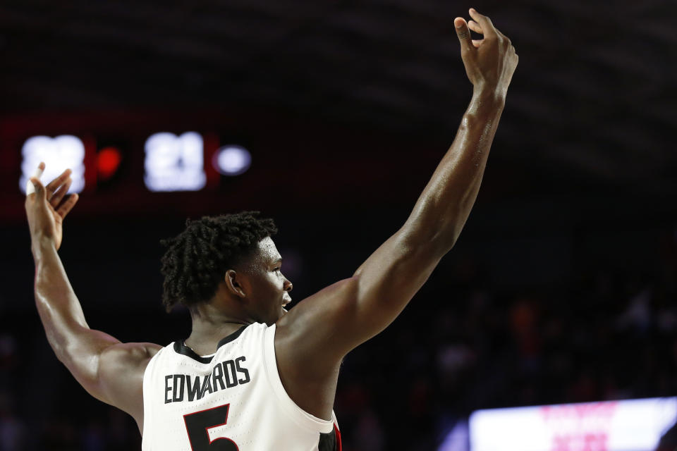 Georgia's Anthony Edwards (5) celebrates after the team's win over Tennessee in an NCAA college basketball game Wednesday, Jan. 15, 2020, in Athens, Ga. (Joshua L. Jones/Athens Banner-Herald via AP)