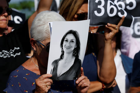 People attend three minutes of silence as they gather at the site where anti-corruption journalist Daphne Caruana Galizia was assassinated in a car bomb one year ago, in Bidnija, Malta October 16, 2018. REUTERS/Darrin Zammit Lupi