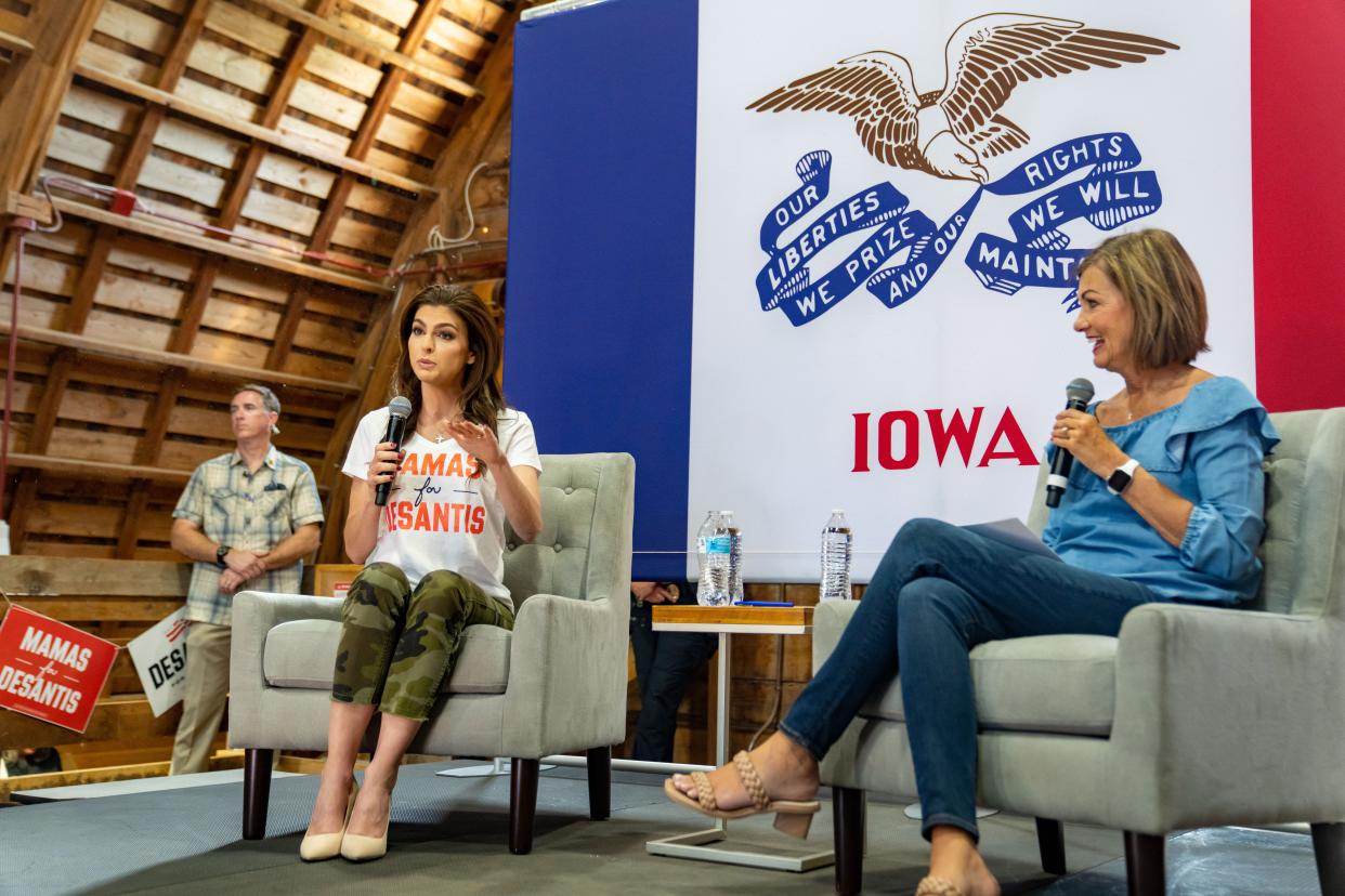 Florida first lady Casey DeSantis takes questions from Iowa Gov. Kim Reynolds during a Mamas for DeSantis event in Johnston, Thursday, July 6, 2023. 
