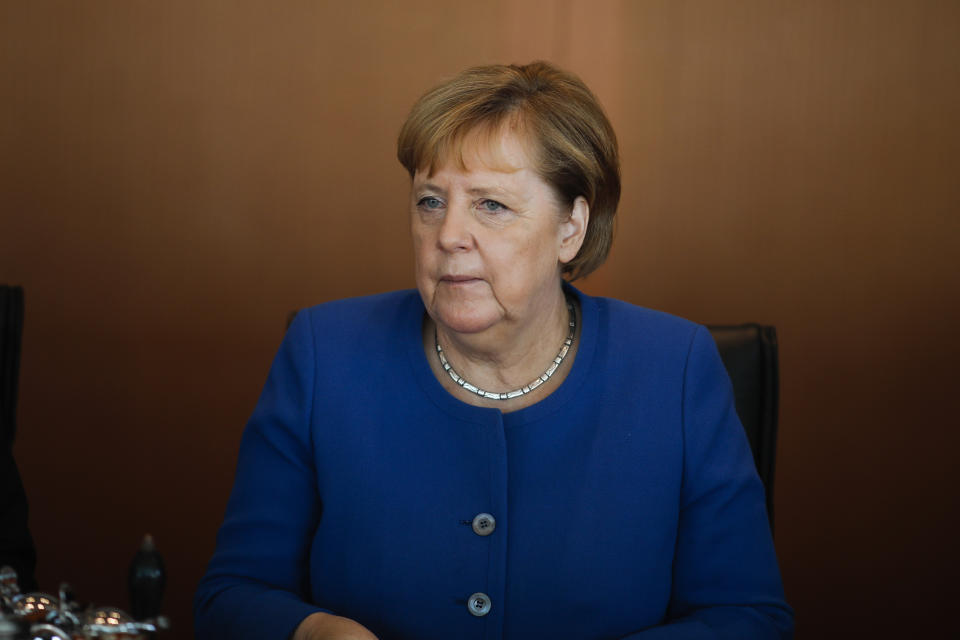German Chancellor Angela Merkel attends the weekly cabinet meeting at the chancellery in Berlin, Germany, Wednesday, Oct. 30, 2019. (AP Photo/Markus Schreiber)