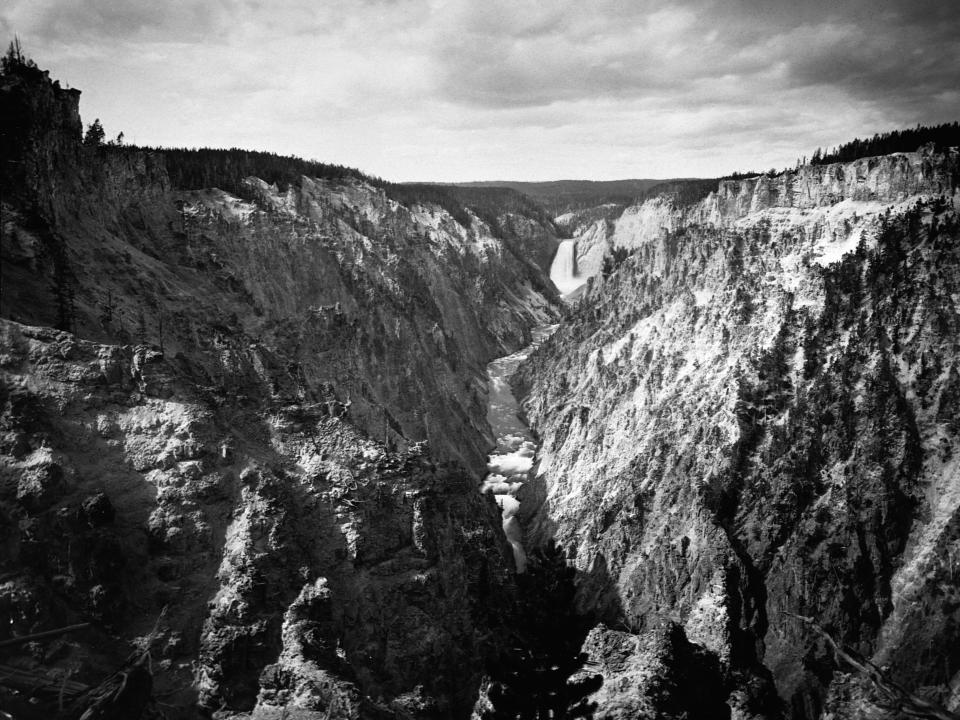 A black and white photo shows Great Falls in Yellowstone National Park, Montana, ca. 1878-1880.