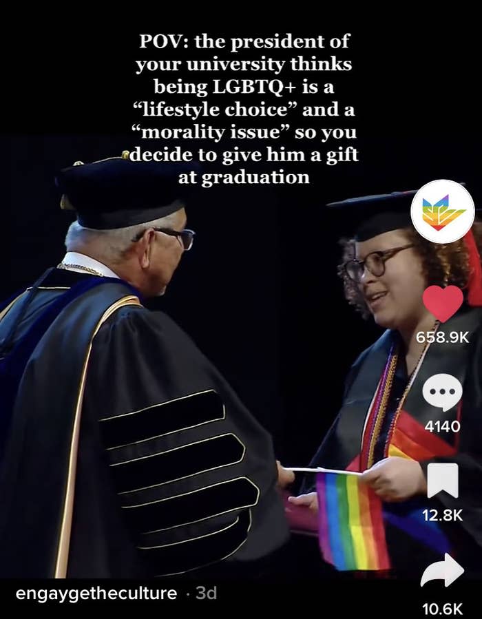 A caption reads: "POV: the president of your university thinks being LGBTQ+ is a lifestyle choice and a morality issue so you decide to give him a gift at graduation" as students hand him Pride flags