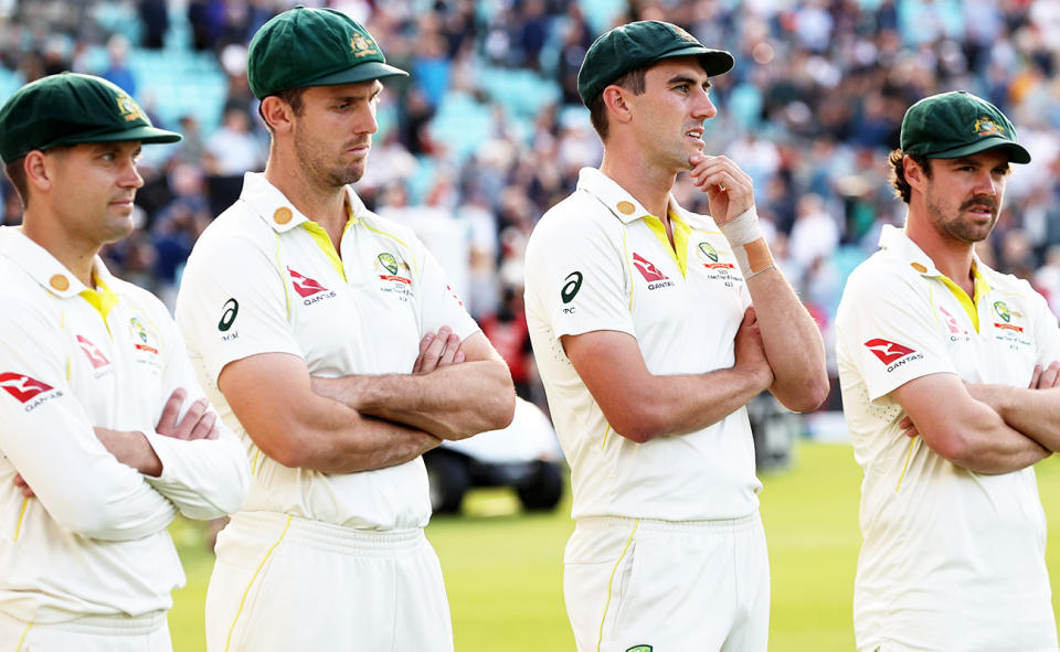 Pat Cummins and Aussie teammates after the fifth Ashes Test.