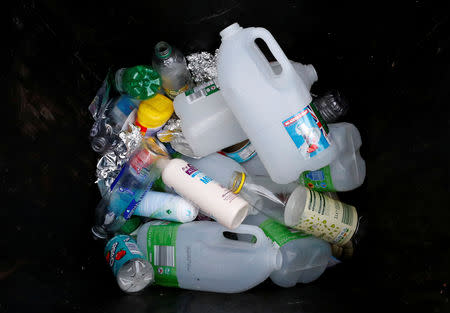 FILE PHOTO: Plastic bottles and containers are seen in a domestic recycling bin in Manchester, Britain, November 20, 2018. REUTERS/Phil Noble