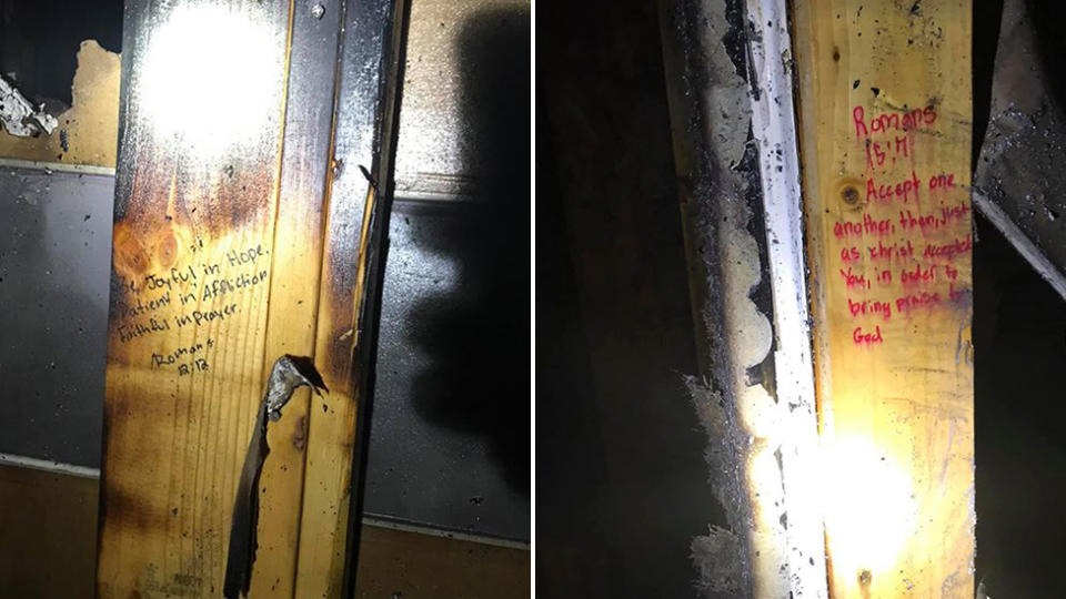 Two pictures of surviving verses written on wall studs in the house. Source: Livingston Parish Fire Protection District #2