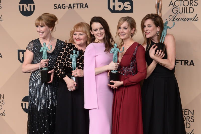 Phyllis Logan, Lesley Nicol, Sophie McShera, Joanne Froggatt and Raquel Cassidy, from left to right, attend the Screen Actors Guild Awards in 2016. File Photo by Jim Ruymen/UPI