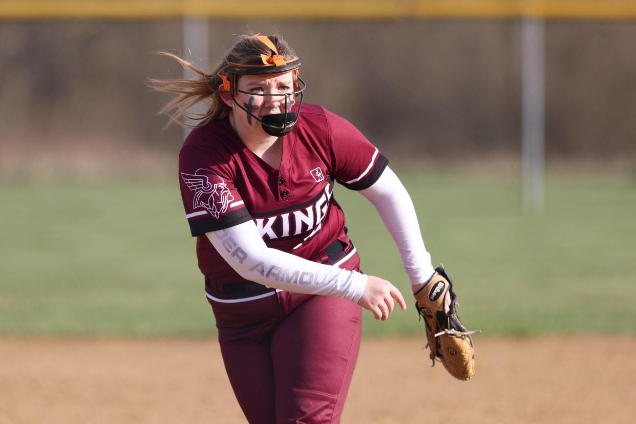 Waterloo pitcher Jewel Lilley throws a pitch from the mound during a game against the Mathews Mustangs, Friday, April 7, 2023 in Atwater.