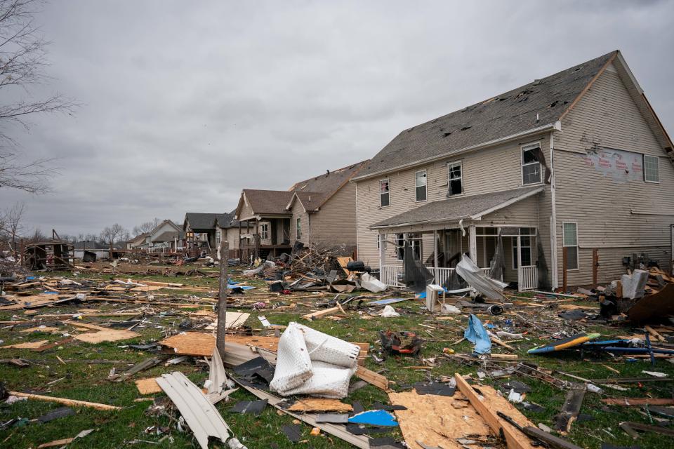 Damaged homes along Cabana Drive in Clarksville, Tenn., Sunday, Dec. 10, 2023. Tornadoes struck Middle Tennessee on Saturday, killing at least six people and leaving more than 160,000 Middle Tennessee residents without power.