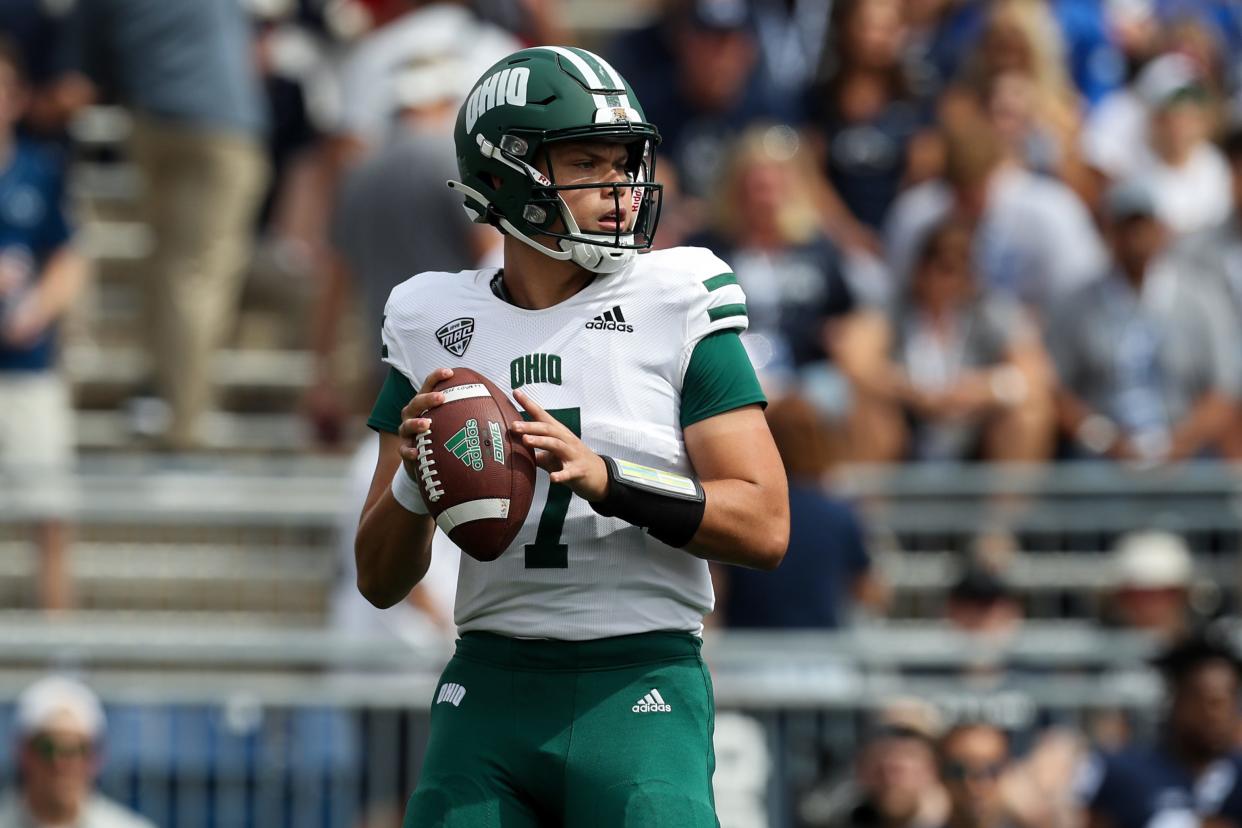 Sep 10, 2022; University Park, Pennsylvania, USA; Ohio Bobcats quarterback Kurtis Rourke (7) drops back in the pocket during the first quarter against the Penn State Nittany Lions at Beaver Stadium. Mandatory Credit: Matthew OHaren-USA TODAY Sports