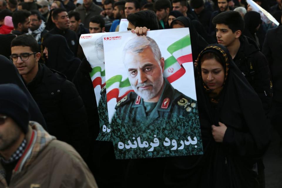 <div class="inline-image__caption"><p>Thousands of mourners paid homage to Iranian Major General Soleimani, who was killed in a U.S. Airstrike. The Pentagon announced that Soleimani, Iran's Quds Force leader, and Iraqi militia commander Abu Mahdi al-Muhandis were killed on January 3, 2020 following a U.S. airstrike at Baghdad's international airport.</p></div> <div class="inline-image__credit">Mazyar Asadi/Pacific Press/LightRocket via Getty</div>