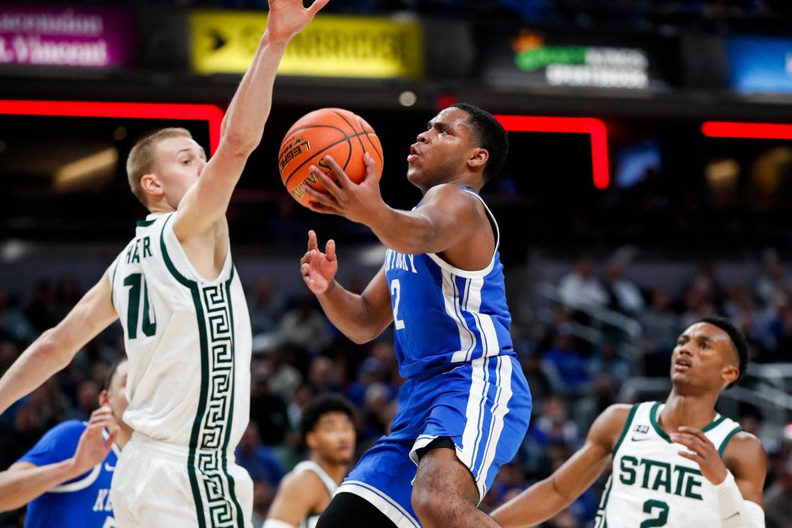 Kentucky’s Sahvir Wheeler attacked the basket against Michigan State on Tuesday, Nov. 15, 2022, in Indianapolis.