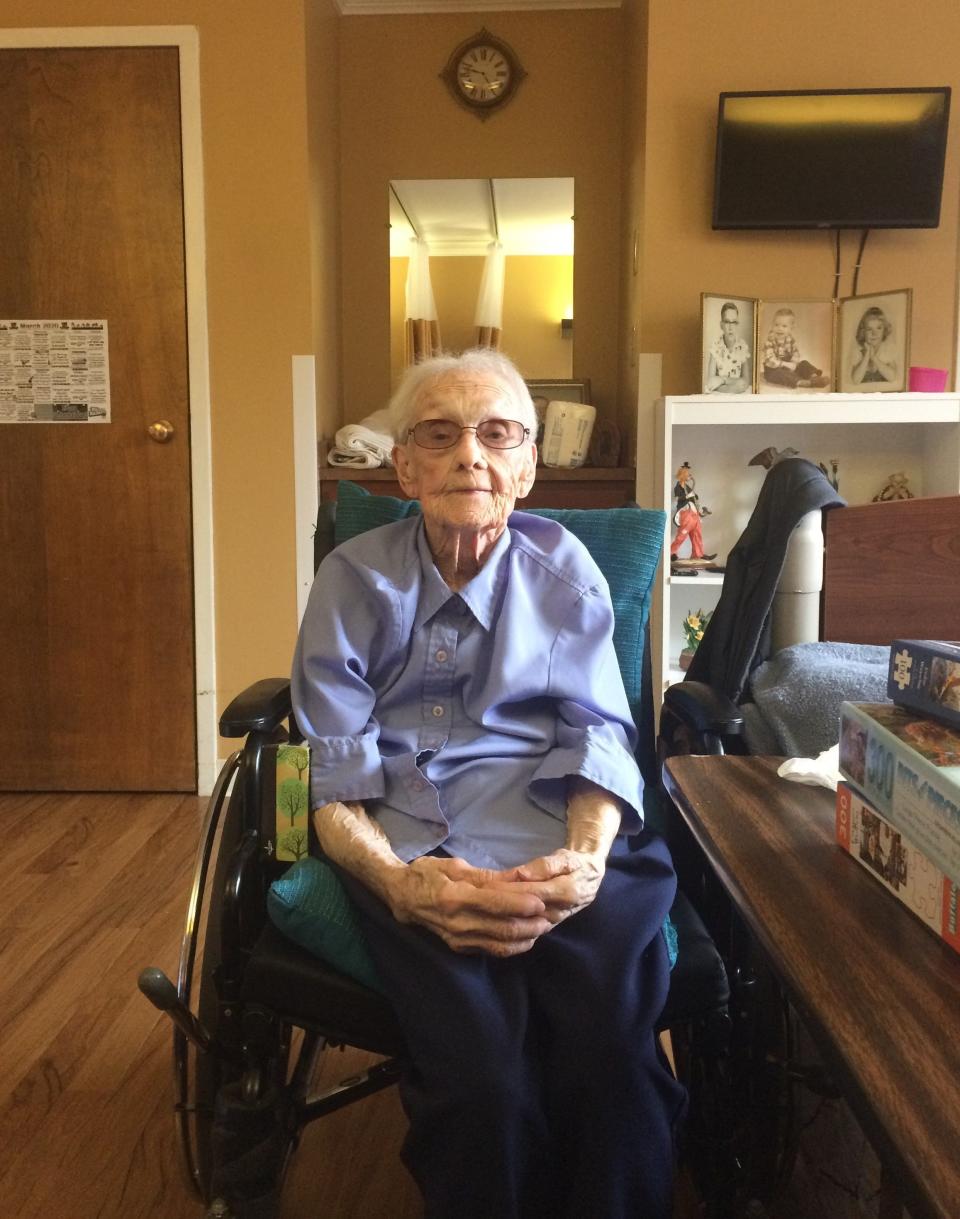 Barbara Duvall, 99, sits in her room at Newburgh Health Care in Newburgh, Indiana in 2020.