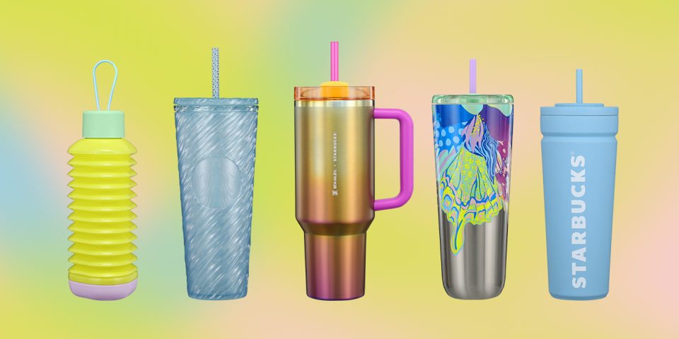 Starbucks new summer drinkware collection includes (center), the 40-ounce Sunset Gradient Starbucks x Stanley Quencher ($54.95).