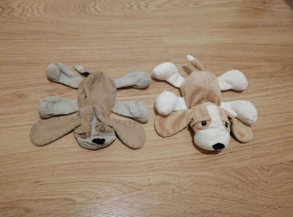The old plushie is a faded gray and brown (next to the white and brown new one) and looks as if it's lost most of its stuffing